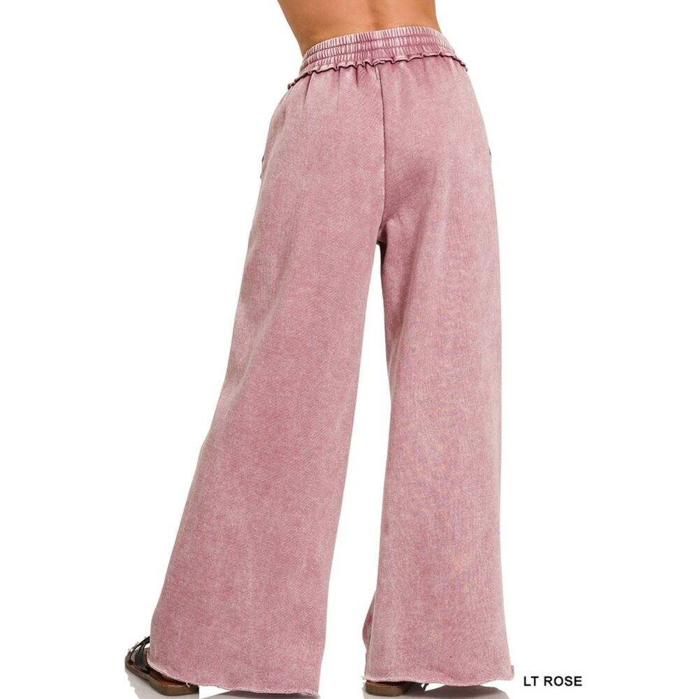 Zenana Acid Wash Fleece Palazzo Sweatpants With Pockets Light Rose NEW - Picture 3 of 3